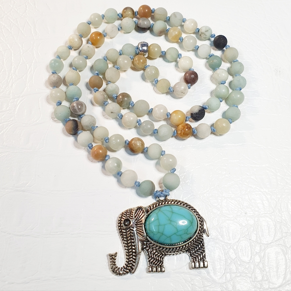 Amazonite Stone Elephant Pendant Long Necklace